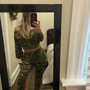 Boutique Camouflage Off-Shoulder Top and Joggers Set